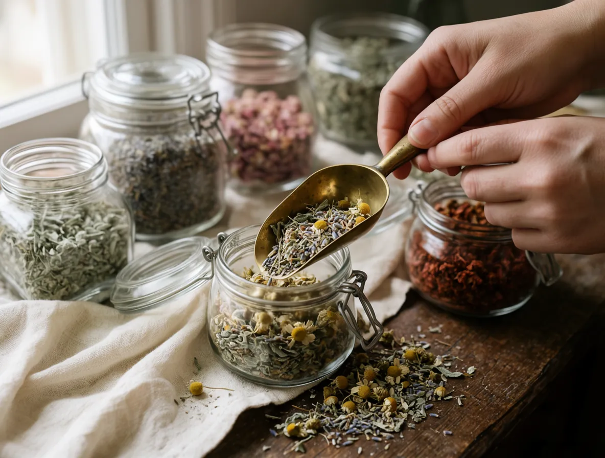 Léa Morand prépare un mélange de plantes pour tisane au cabinet